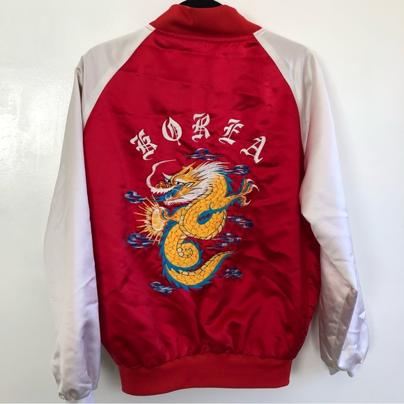Vintage Korea Satin Bomber Dragon Jacket Embroidery Red Zip Up about mens small - Picture 1 of 8